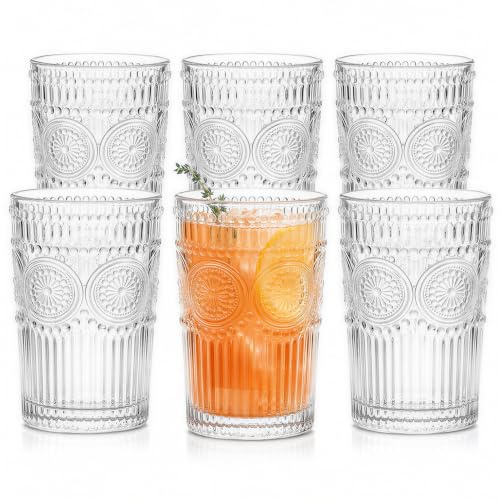 Kingrol 6 Pack 12 oz Romantic Water Glasses, Premium Drinking Glasses Tumblers, Vintage Glassware Set for Juice, Beverages, Beer, Cocktail