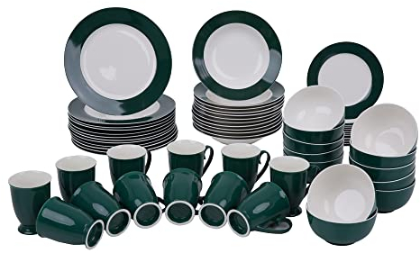 AMBITION Kombiservice 12 Personen weiß grün Aura Green Tafelservice 60 teilig Porzellan Teller Schalen Kaffeetassen