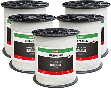 Eider Weidezaunband, 40 mm, weiß - 200 m Rolle - sehr Gute Leitfähigkeit von nur 0,09 Ohm/m - für Pferde & Ponys - Made in Germany (5 Rollen)