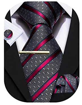 Barry.Wang Herren Seiden-Geschäftskrawatten mit Taschentuch Manschettenknopf-Streifen Plaid-Krawatten-Set Feierliche Hochzeit