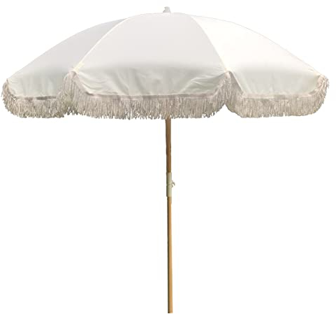 LBONG 2M Retro-Strandschirm Sonnenschirm Mit Fransen Schirmoberfläche Aus Polyester Rund Sonnenschutz Terrassenschirm Für Garten, Terrasse