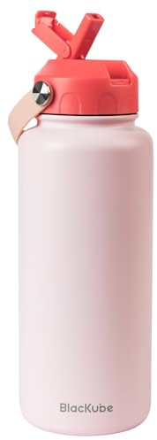 Blackube Edelstahl Trinkflasche 1L - BPA-Frei, Auslaufsicher, Thermoflasche mit Strohhalm, Doppelwand, Sport, 1000 ml, Edelstahl, Thermos