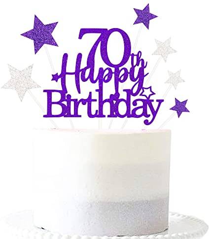 Glittery 70th Happy Birthday Cake Topper with Star,Personalised 70 Birthday Cake Toppers Party Decorations Party Supplies for Men Women Purple Silver