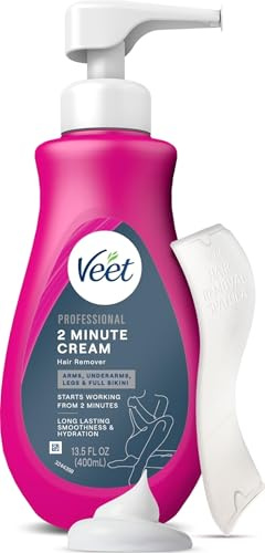 Veet Professional 2 Minute Cream for All Skin Types with Shea Butter, Full Bikini & Pubic Hair Removal, Dermatologically Tested, 13.5 FL OZ Bottle w/Spatula