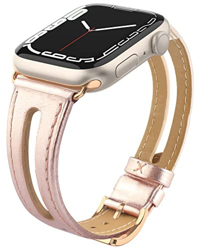 Tuocal Genuine Leather strap Compatible with Apple Watch strap 38mm 40mm 41mm 42mm(Series 10), Leather Slim Replacement Bracelet Strap Women Men for iWatch Series 10 9 8 7 6 5 4 3 2 1 SE