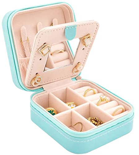 Hongtellor Mini Portable Jewelry Box Organiser,Travel Jewellery Box with Mirror Portable for Rings Earrings Necklace Bracelets Earrings Rings Storage Gift Case for Girls Women Mother Daughter (Blue)