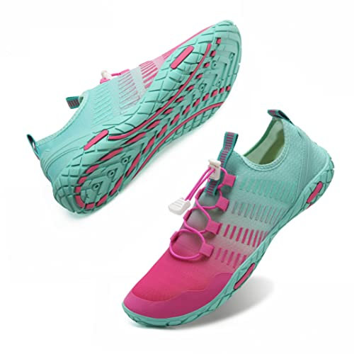 Strandschuhe Damen Herren Wasserschuhe Badeschuhe Unisex Atmungsaktiv Leicht Barfußschuhe rutschfeste für Schwimmen Tauchen (JB rosa grün, 38EU)