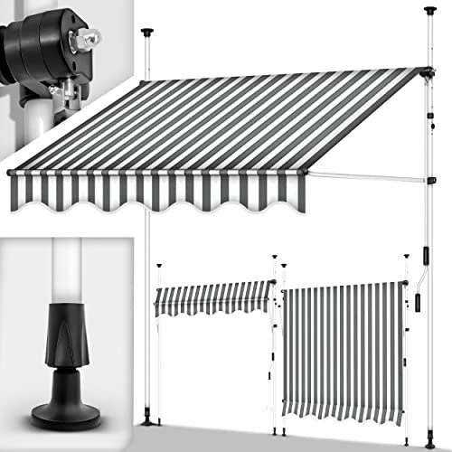 tillvex Klemmmarkise mit Handkurbel Balkon | Balkonmarkise ohne Bohren | Markise UV-beständig & höhenverstellbar | Sonnenschutz wasserdicht (Grau-Weiß, 150cm)