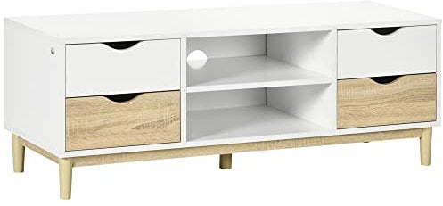 HOMCOM Meuble TV Banc TV jusqu'à 55 Pouces avec étagères 4 tiroirs Passe-câble en Bois 120 x 40 x 44,5 cm Bois Naturel et Blanc