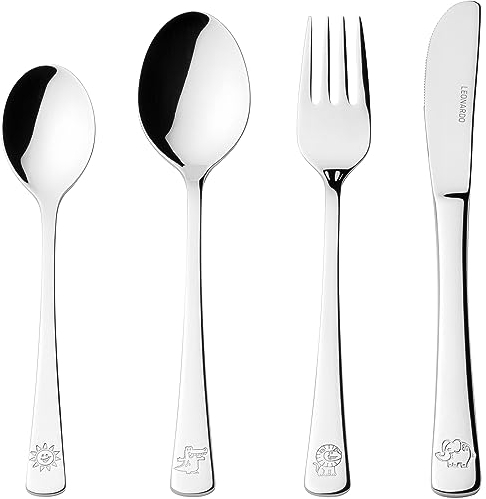 LEONARDO HOME Bambini Avventura Kinder-Besteck Set 4-teilig - Besteck mit Motiven aus hochwertigem Edelstahl - Spülmaschinengeeignet - Mit Tier-Motiven Löwe, Elefant, Sonne - Gravierbar, 070798