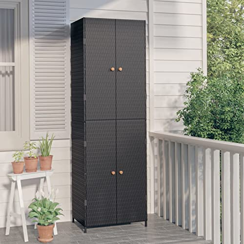 Festnight Gartenschrank Rattan Haushaltsschrank Spindschrank Terrassenschrank Balkonschrank Putzschrank 2 Türen und 4 Fächern Schwarz 59x40x180 cm