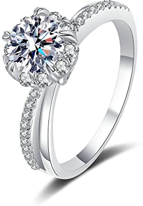 Ayoiow Ehering Damen Einzeln, Ehering Damen Silber 925 mit 1ct Moissanit Blumenstrauß Ring Größe 48 (15.3)