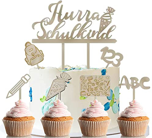 7 Stück Schulkind Tortendeko Holz Einschulung Kuchen Dekoration Holz Schulanfang Party Deko