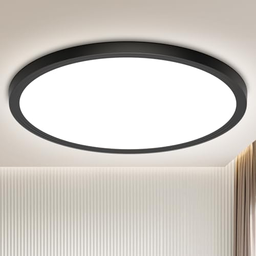 Deckenlampe Led Deckenleuchte Schwarz Lampe - Flach Rund Modern Naturweiß Deckenlampe Badezimmer Lampe Decke Badlampe Küchenlampe für Wohnzimmer Keller Flur Küche Schlafzimmer, 18W 4000K 1600LM 22CM