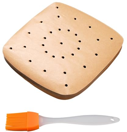 MEMOFYND 100 Stück Pergamentpapier für Luftfritteuse, 1 Stück Backpinsel mit 4 Schichten Borsten, leicht zu reinigen, von Ölflecken fernhalten
