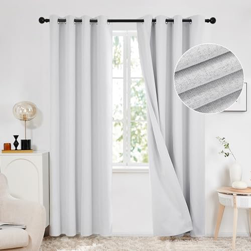 Deconovo 100% Blackout Faux Linen Curtains, Double-Sided, Thermal Insulated, Noise-Reducing, Eyelet Curtains for Bedroom & Living Room - 2 Panels (Greyish White 52x84)