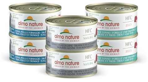 Almo Nature Multipack (6x70g) - Verschiedene Sorten mit Thunfisch: 2X Thunfisch, Huhn und Käse - 2X Thunfisch mit Jungsardellen - 2X Forelle und Thunfisch