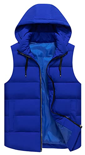 FWSHANGMAO Men'S Gilet With Hood Winter Windproof Body Warmer Jacket Pure Color Hooded Quilted Vest Sports Waistcoat Regular Fit For Camping,Travelling,Hiking,Royal Blue,Xl