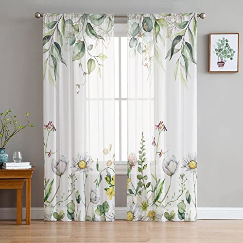 Eucalyptus Leaves Sheer Curtains 84 Inches Long, Plants Floral Green Leaves Spring Window Curtains Light Filtering Rod Pocket Curtain Summer Voile Drapes for Living Room Bedroom Each 52 W x 84 L