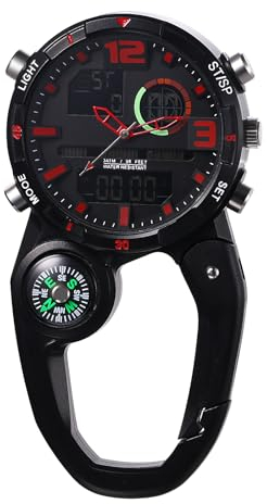 JewelryWe Karabineruhr Taschenuhr mit Karabiner: Rot Clip on Quarzuhr Karabiner FOB Uhr mit Kompass Wochentag Datum Kalender Stoppuhr Wecker Glockenspiel LED-Beleuchtung für Ärzte Krankenschwester
