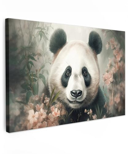 MuchoWow© Impression sur Toile Peinture 90x60 cm Tableau Mural Decoration Salon Reproductions de Tableaux Murale Moderne Panda - Animaux - Fleurs - Plantes