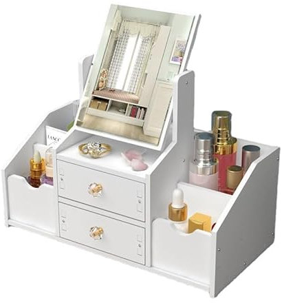 Makeup Desk Organiser with Drawers,Desktop Cosmetic Shelf with Mirror and 6 Compartments Makeup Storage Display Case, Tabletop Jewelry Beauty Accessories Storage Display Boxes for Girls Women (B)