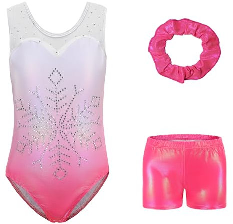 Sinoeem Gymnastikanzug Kinder Mädchen mit Haarband und Tanz Shorts, Langarm/Ärmellos Turnanzug Ballettröckchen Kleid Trikotanzug Tanz Kleid Gymnastik Dancewear (Hell-Pink-Ärmellos, 11-12 Jahr)