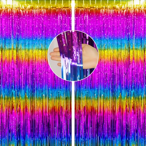jijAcraft Lametta Vorhang Regenbogen Glitzer: Kindergeburtstag Party Bunt Foto Lametta Vorhänge Hintergrund, Folien Wand Luftschlangen Deko für Jugendweihe Rainbow Fasching Karneval Dekorations