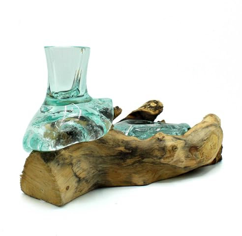Ancient Wisdom Elegante vaso da fiori in vetro fuso e porta tealight su base in legno Gamal unico – accessorio decorativo sostenibile e versatile per la casa, MGW-35