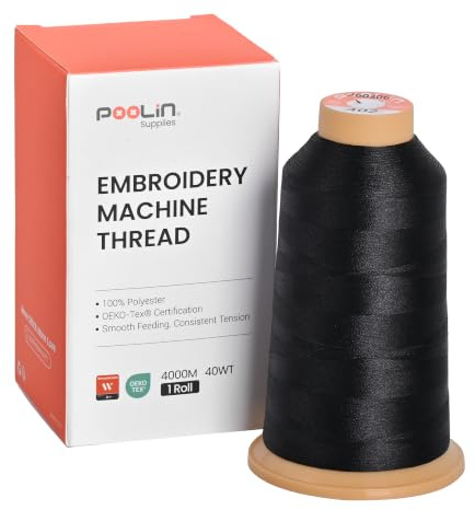 Poolin Maschinenstickgarn aus Polyester, 4000 m, 40 W, Schwarz 0402 | Glatte Fütterung mit stabiler Spannung für saubere, gleichmäßige Nähte auf privaten und gewerblichen Stickmaschinen