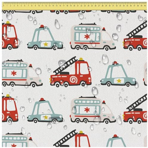 DreamRoots Segeltuch Wasserdicht - Polsterstoff Meterware 160 cm breit - Wasserabweisender Stoff 220 g/m2 600D - Markisenstoff Wasserdicht Meterware Emergency Vehicles 2M