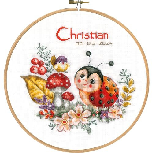 Vervaco Gezählter Kreuzstich Stickpackungen mit Stickrahmen Stickset Baby Geburt Marienkäfer Wanddekoration Handarbeit Set für Erwachsene Kreatives Handwerk ca. 20 x 20 cm Geburt Geschenk Hausdeko