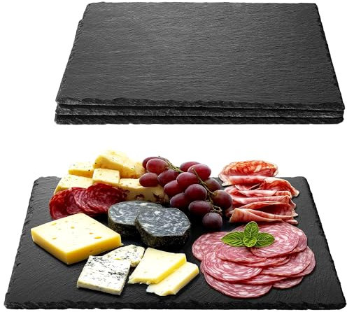 Navaris Schiefer Teller Platzset 4-teilig inkl. Kreide - 38x28cm Schieferplatten 4x Servierplatte - Servierteller Schieferplatte Sushi Geschirr eckig