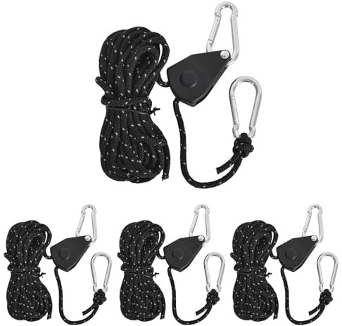 Disnace 4Pcs Tent Guy Ropes with Pulley, Heavy Duty Ratchet Hangers, 4mm Reflective Cord Tent Guide Rope, Grow Lights Ratchet Hangers, Adjustable Rope Ratchet with Hook for Outdoor Camping Grow Room