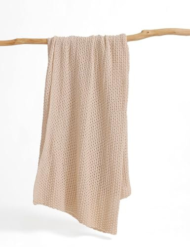FIYARA Chunky Cotton Knit Throw Blanket, Light Weight Cable Knit Throws for Bed Couch Sofa, Comfy & Relaxing, Decorative Piece for Farmhouse Modern Rustic Scandinavian Chic Vibe, Cream 50x60 Inches