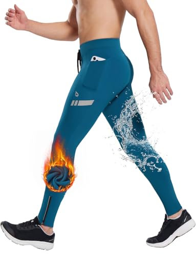 baleaf Men's Thermal Leggings Running Tights Men Waterproof Cycling Trousers with Pockets Zipper Legs Fleece Lined Legging 30 Dark Blue L