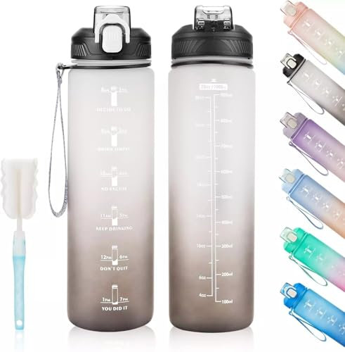 1 Litre Motivational Fitness Sport Water Bottles with Straw & Time Maker, Leakproof BPA-free WITH Carry Strap Plastic Drink Bottle 1L Design for Girls, Boy Running,cycling (Black-White Gradient)