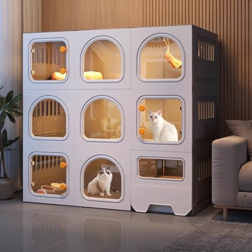 GHHDPDMJ Jaulas para Gatos, recintos para Gatos para Interiores, jaulas para Gatos con Caja de Arena, recintos para Gatos para Exteriores de Alta definición con Ventana, jaulas para Gatos de 3 nivele