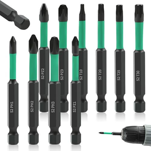 Set di 10 punte magnetiche per cacciavite a percussione – Punte esagonali lunghe 70 mm per trapano senza fili, include punte Phillips, Torx e brugola, forti teste magnetiche per cacciaviti elettrici e
