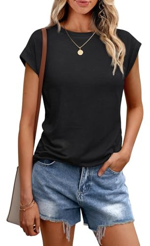 Cuptacc T Shirt Damen Sommer Tops Für Damen Oberteile Rundhalsausschnitt Business Bluse Kurzarm T-Shirt Locker Schwarz 2XL 50-52