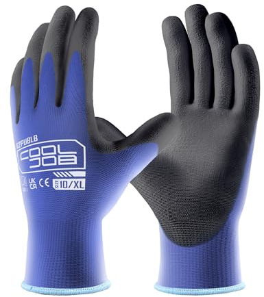 COOLJOB 12 Paar PU Handschuhe Arbeitshandschuhe Herren Größe 10/XL, atmungsaktive Gartenhandschuhe Damen mit optimaler Griffigkeit & feinem Tastgefühl, Blau