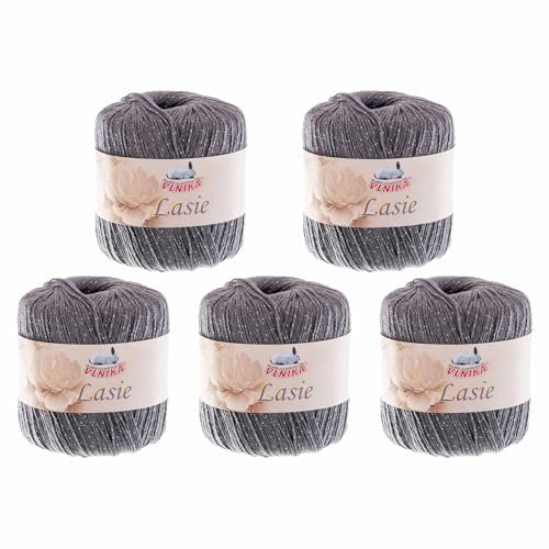 5 Knäuel Häkelgarn Lasie je 150m/50g mit Glitzer Sommergarn Strickgarn Glitzerwolle 15 Farben, Farbe:grau