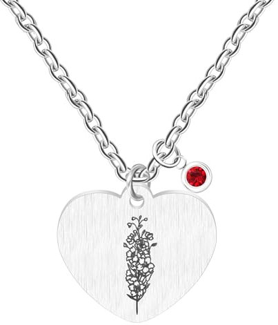 JunyiDIY July Larkspur Flower Necklace for Women, Red Birthstone & Birth Flower Jewelry for Her's Birthday Graduation Party YA5545