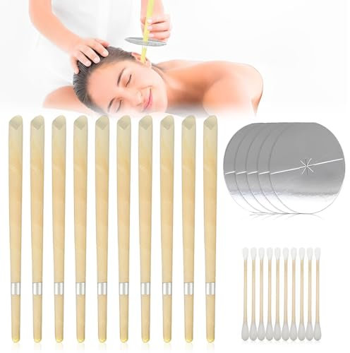 LAJUP 25 Pezzi Set Di Candele Per Orecchie Detergenti Naturali, Beige 10 Pz Coni Orecchie Cerume Con 5 Dischi Protettivi E 10 Tampone Di Cotone, Candele Orecchie Cerume In Cera Di Stoffa