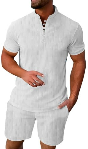 Athleisure Zopf-Jacquard-Set für Herren, Henley-Pyjama-Set, Button-Down-Shirt und Shorts, Trainingsanzug, Poloshirt und Shorts, 2-teilig, Sommer-Outfits, bequem, strukturiert, Loungewear