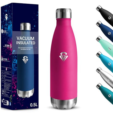 Gourde, 500 ml Sans BPA, Gourde Isotherme, 18/8 Acier Inoxydable, Bouteille Metal, Isolation Sous Vide à Double Paroi, Bouteille Acier Inoxydable pour École, Voyage, Randonnée bouteille - Rose-rouge