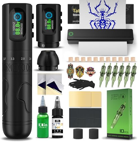 INKin INKflexo Maquina de Tatuar Kit Completo con 6 Strokes 2.0-4.2mm y 2 Batería de 1600mAh, Maquina Tatuar Inalambrica Kit Tatuaje Completo con Impresora Bluetooth, Agujas Tatuaje para Tatuadores