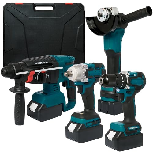 Power Tool Combo Kit - 21V 4-Tool Set with Angle Grinder, Drill, Electric Hammer, Impact Wrench & 4 x 1.5Ah Batteries - Includes Carry Case