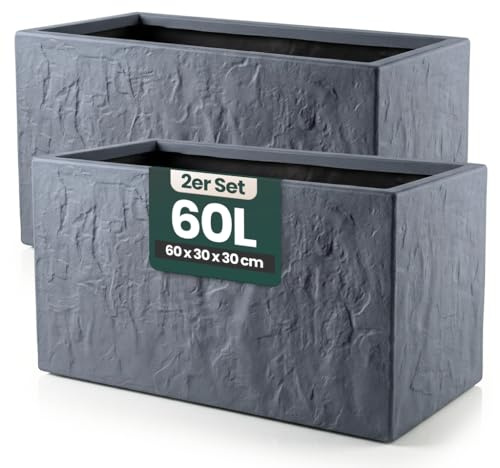 Kreher® Pflanzkübel Anthrazit/Hellgrau - Blumentopf Kunststoff Steinoptik - frostfest & UV-beständig - 30x30x30, 40x40x40, 60x30x30 cm - 1er/2er Set Balkon Garten (2, Anthrazit, 60 x 30 x 30 cm)