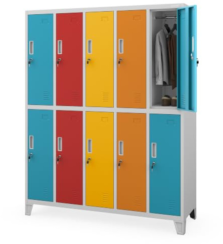 Jan Nowak Umkleideschrank Spindschrank Metall, 10 Fächer, abschließbar | Schließfachschrank für 10 Nutzer, Kleiderstangen, Lüftung, Etikettenhalter, Stahlkorpus und Wandmontage, 172x136x45 cm